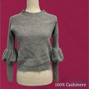Magaschoni Cashmere Crop  Sweater Womens Gray Waffle Crew Neck Puff Sleeve - M